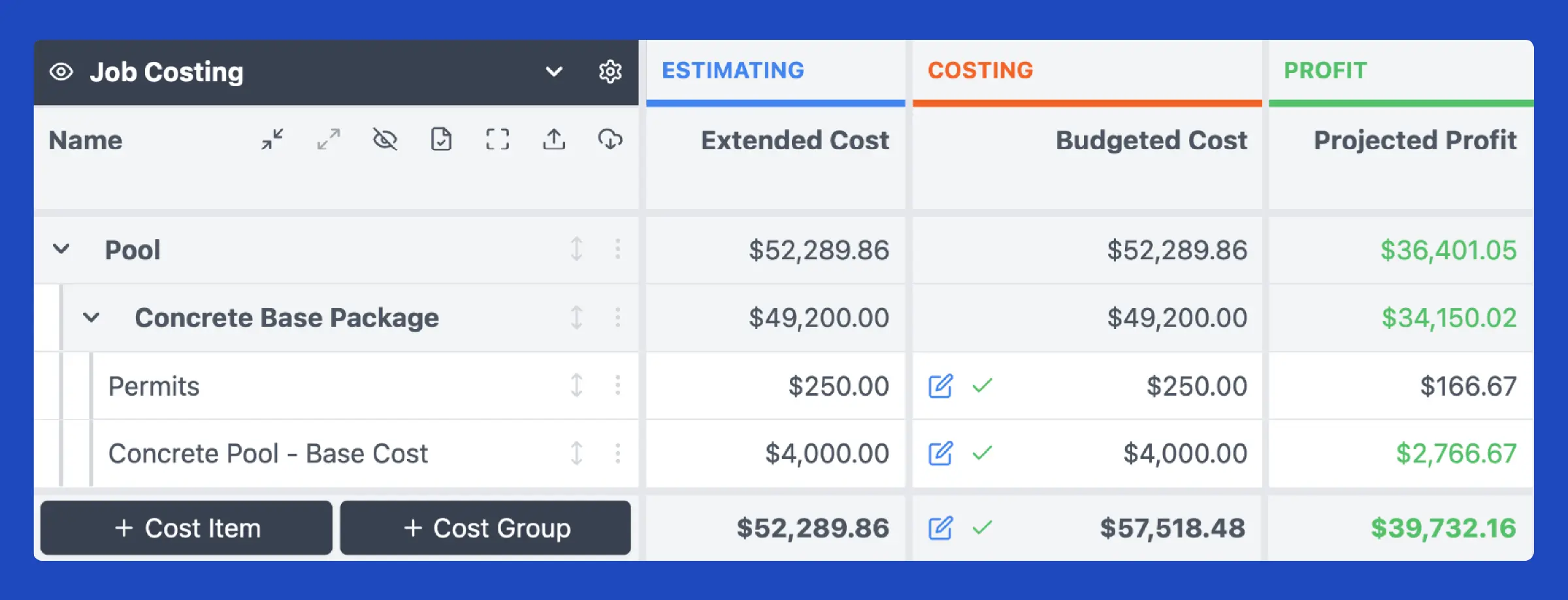 Pool Construction Job Costing